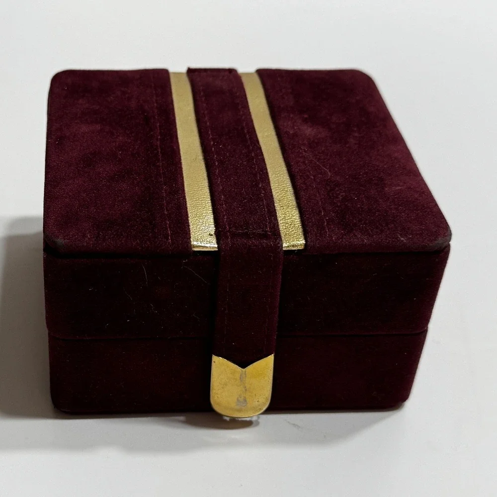 Vtg Burgundy Velvet Jewelry Box Gold Stripe Snap Closure Travel Case Organizer